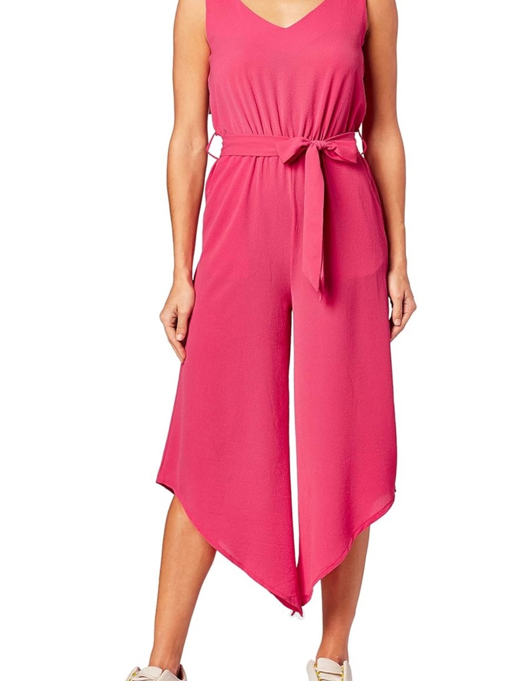 Sleeveless V-Neck Pink Wide-Leg Jumpsuit with Tie Waist - Picture 3 of 4